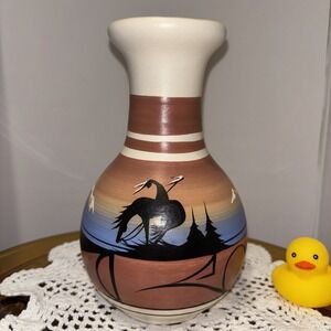 Handcrafted Navajo Indian Etched Pottery Vase, Signed by Artist